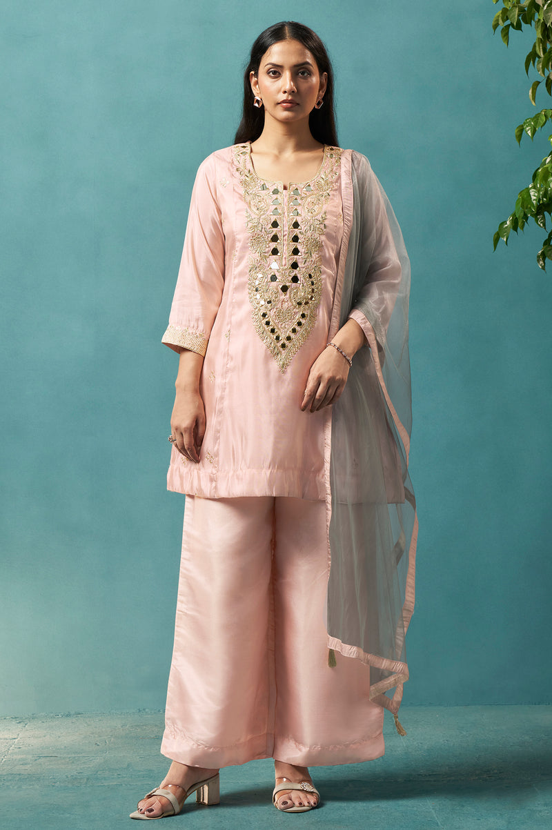 Light Pink Silk Blend Embroidery Straight Kurta Set