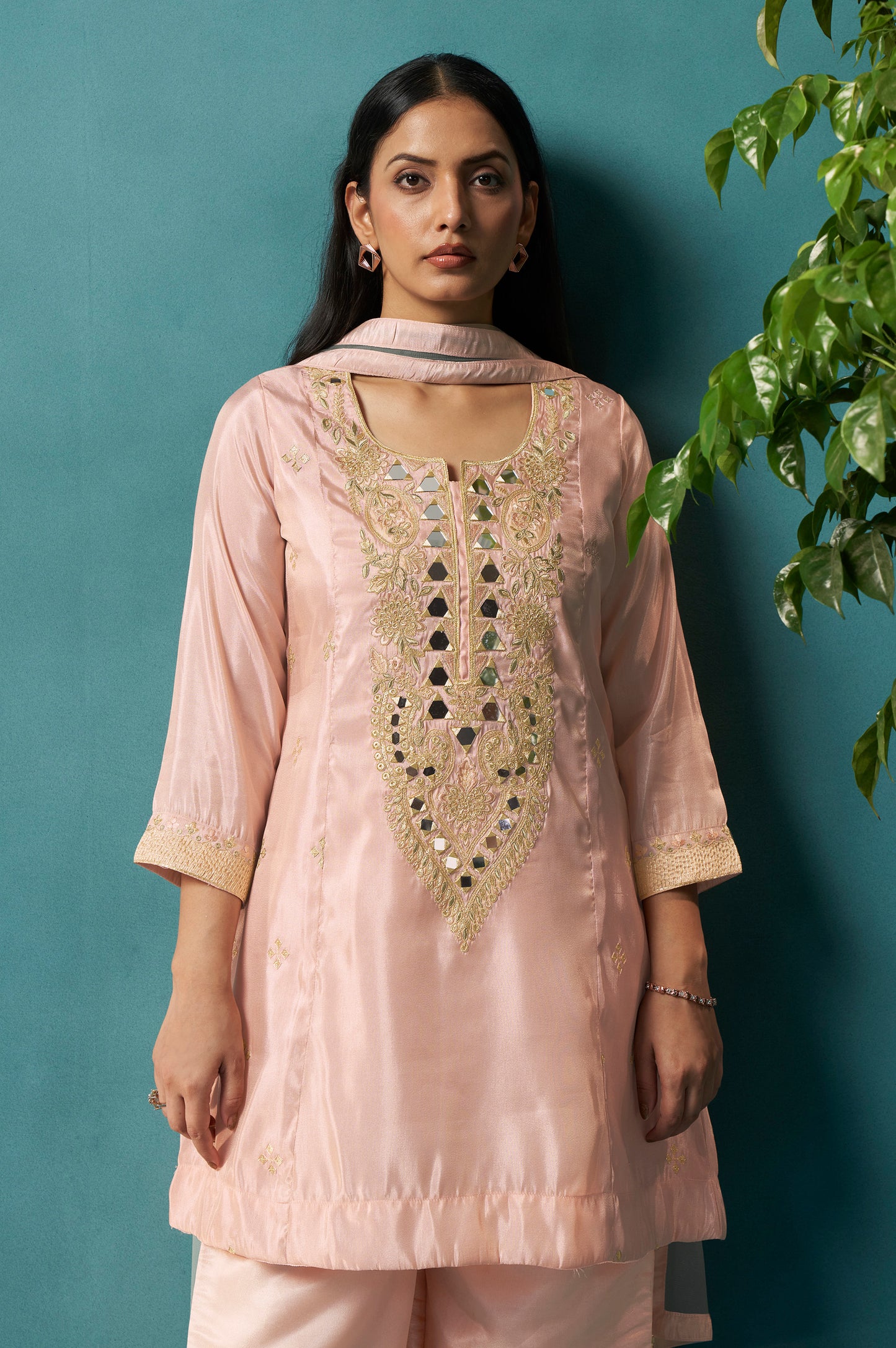 Light Pink Silk Blend Embroidery Straight Kurta Set