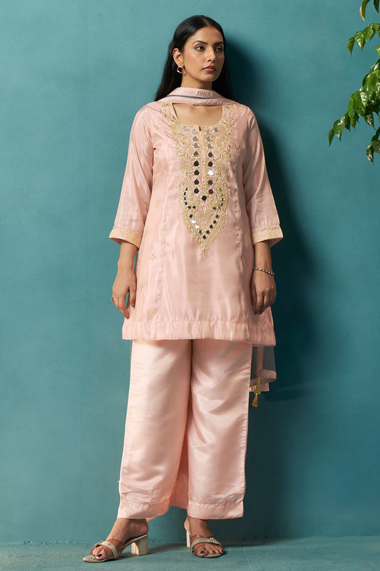 Light Pink Silk Blend Embroidery Straight Kurta Set