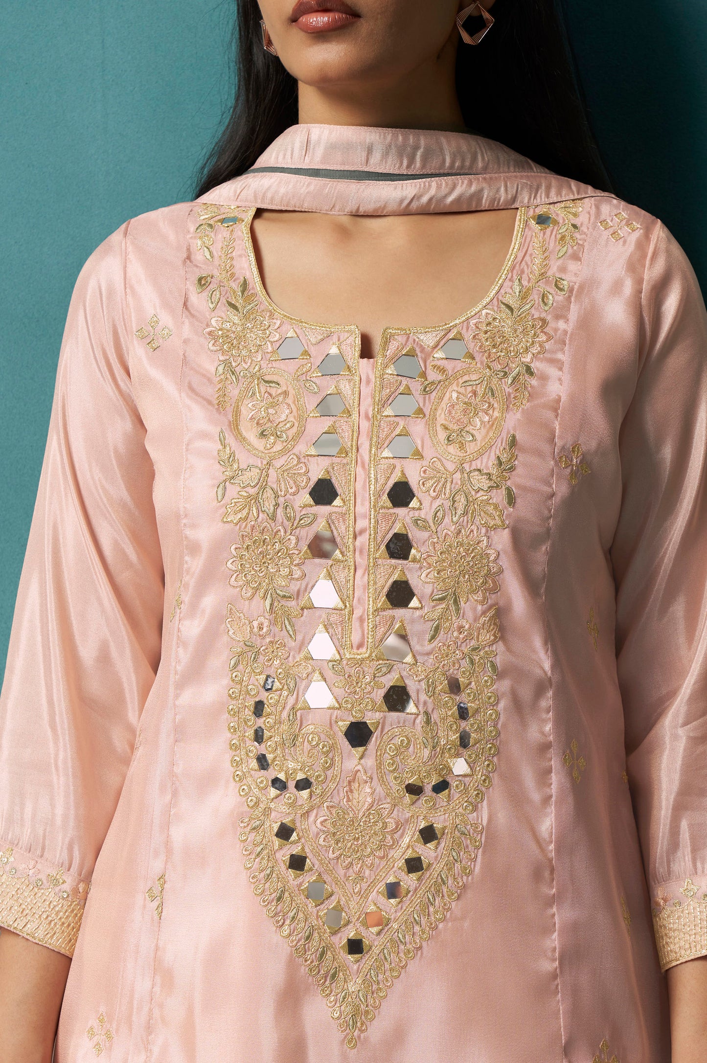 Light Pink Silk Blend Embroidery Straight Kurta Set