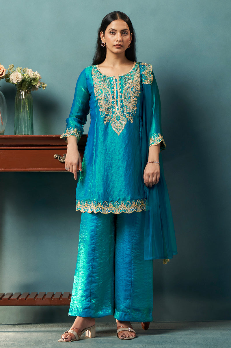 Teal Blue Silk Blend Embroidered Straight Kurta Set Choker Net Dupatta