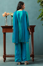 Teal Blue Silk Blend Embroidered Straight Kurta Set Choker Net Dupatta