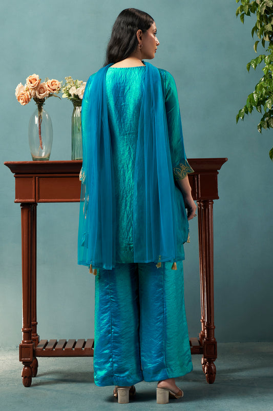 Teal Blue Silk Blend Embroidered Straight Kurta Set Choker Net Dupatta