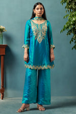 Teal Blue Silk Blend Embroidered Straight Kurta Set Choker Net Dupatta