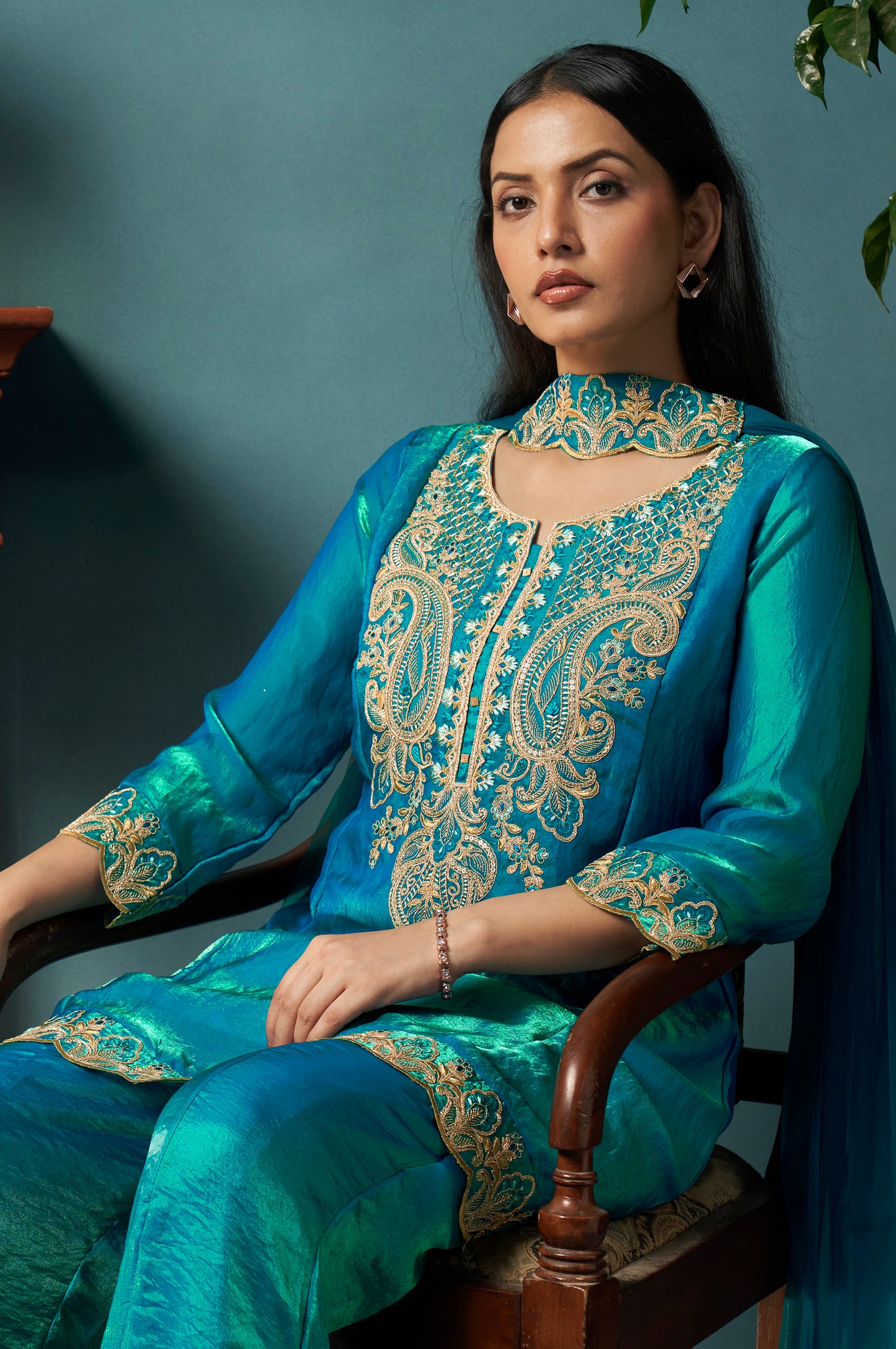 Teal Blue Silk Blend Embroidered Straight Kurta Set Choker Net Dupatta