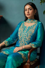 Teal Blue Silk Blend Embroidered Straight Kurta Set Choker Net Dupatta