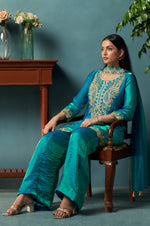 Teal Blue Silk Blend Embroidered Straight Kurta Set Choker Net Dupatta