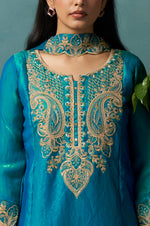 Teal Blue Silk Blend Embroidered Straight Kurta Set Choker Net Dupatta