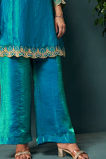 Teal Blue Silk Blend Embroidered Straight Kurta Set Choker Net Dupatta