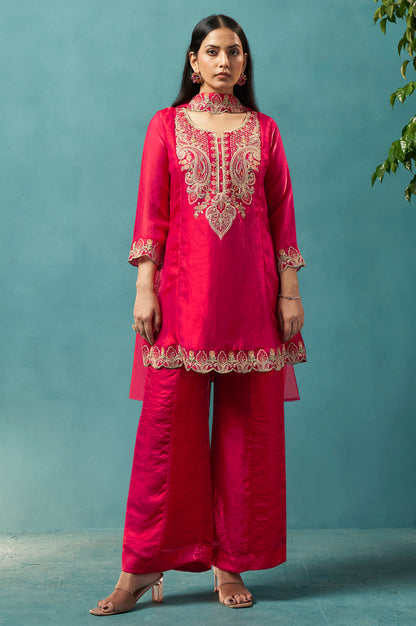 Red Silk Blend Embroidered Straight Kurta Set with Choker Net Dupatta