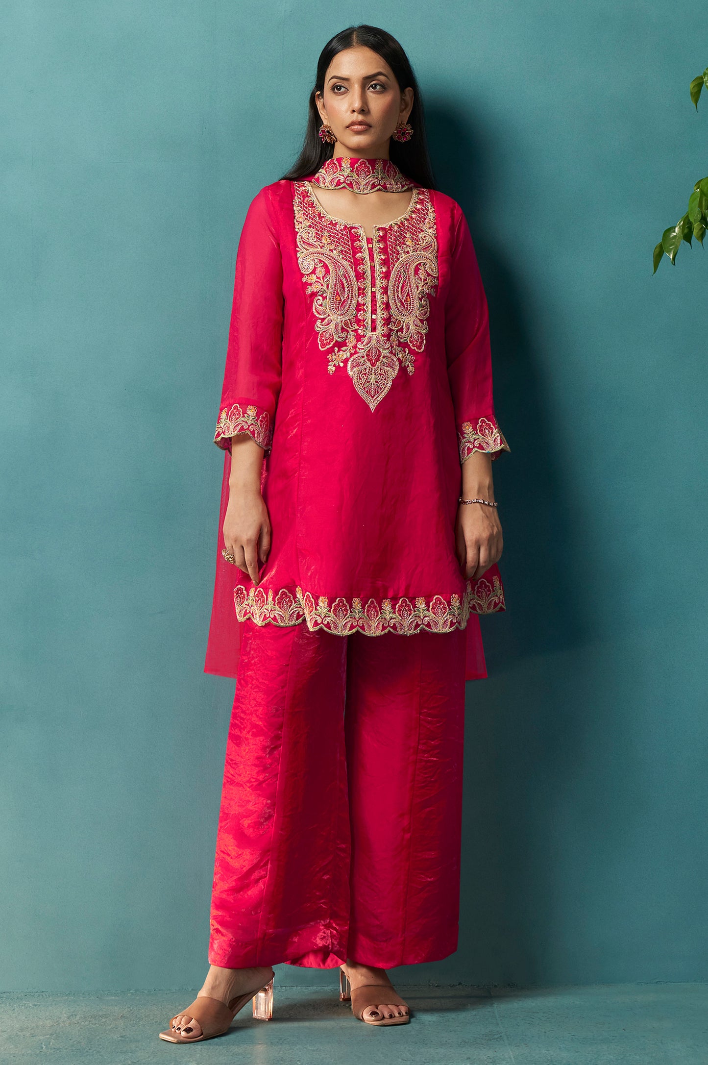 Red Silk Blend Embroidered Straight Kurta Set with Choker Net Dupatta