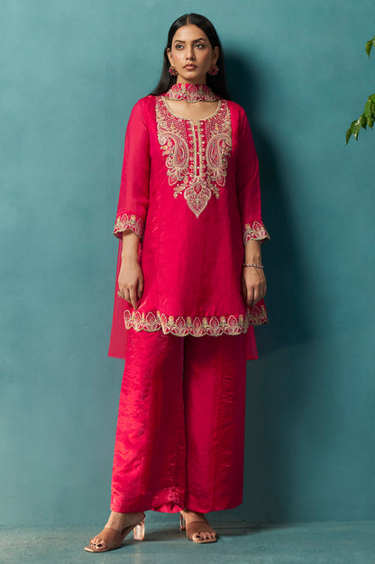 Red Silk Blend Embroidered Straight Kurta Set with Choker Net Dupatta