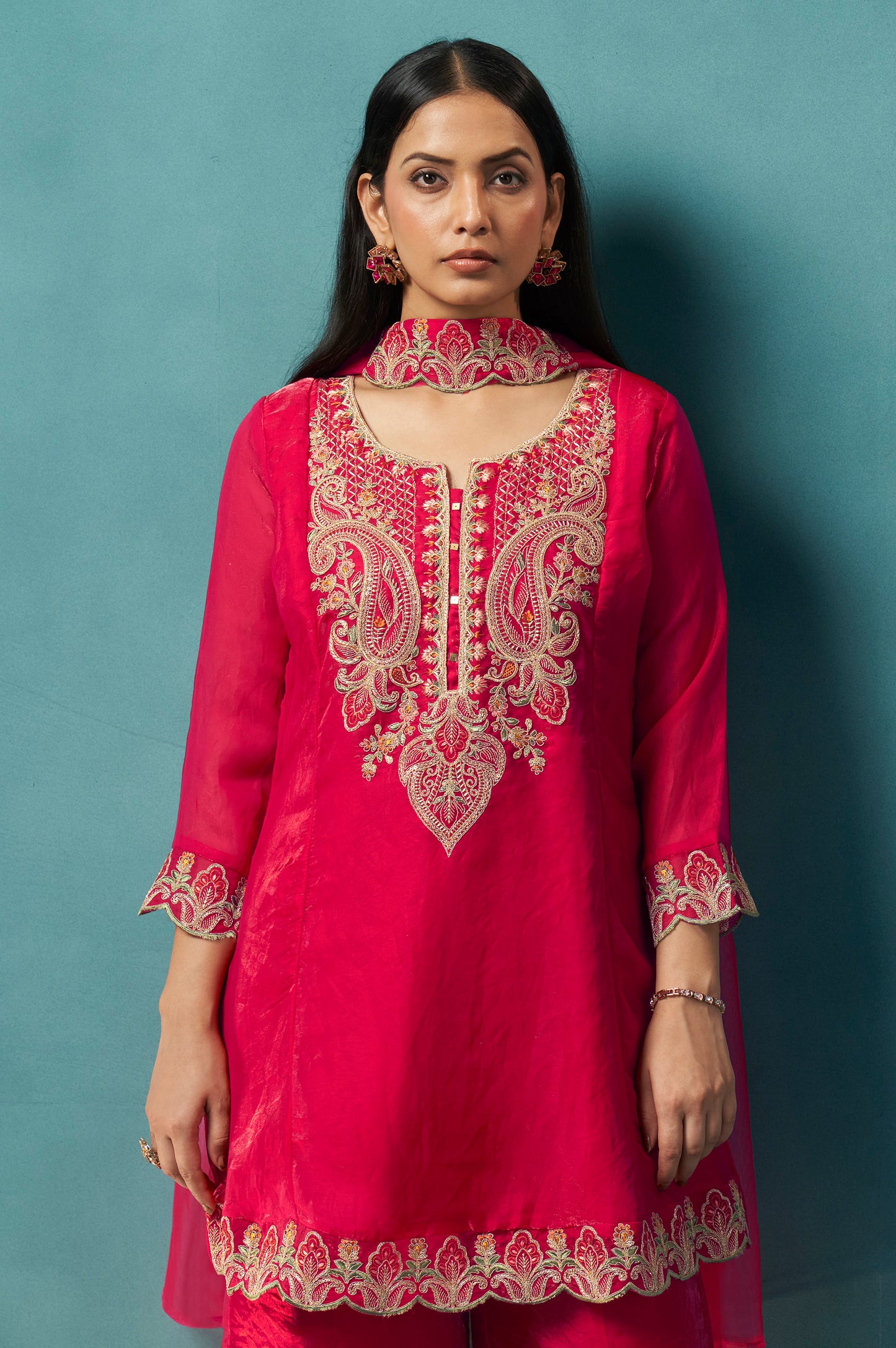 Red Silk Blend Embroidered Straight Kurta Set with Choker Net Dupatta