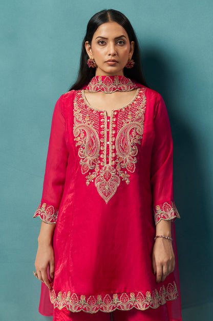 Red Silk Blend Embroidered Straight Kurta Set with Choker Net Dupatta