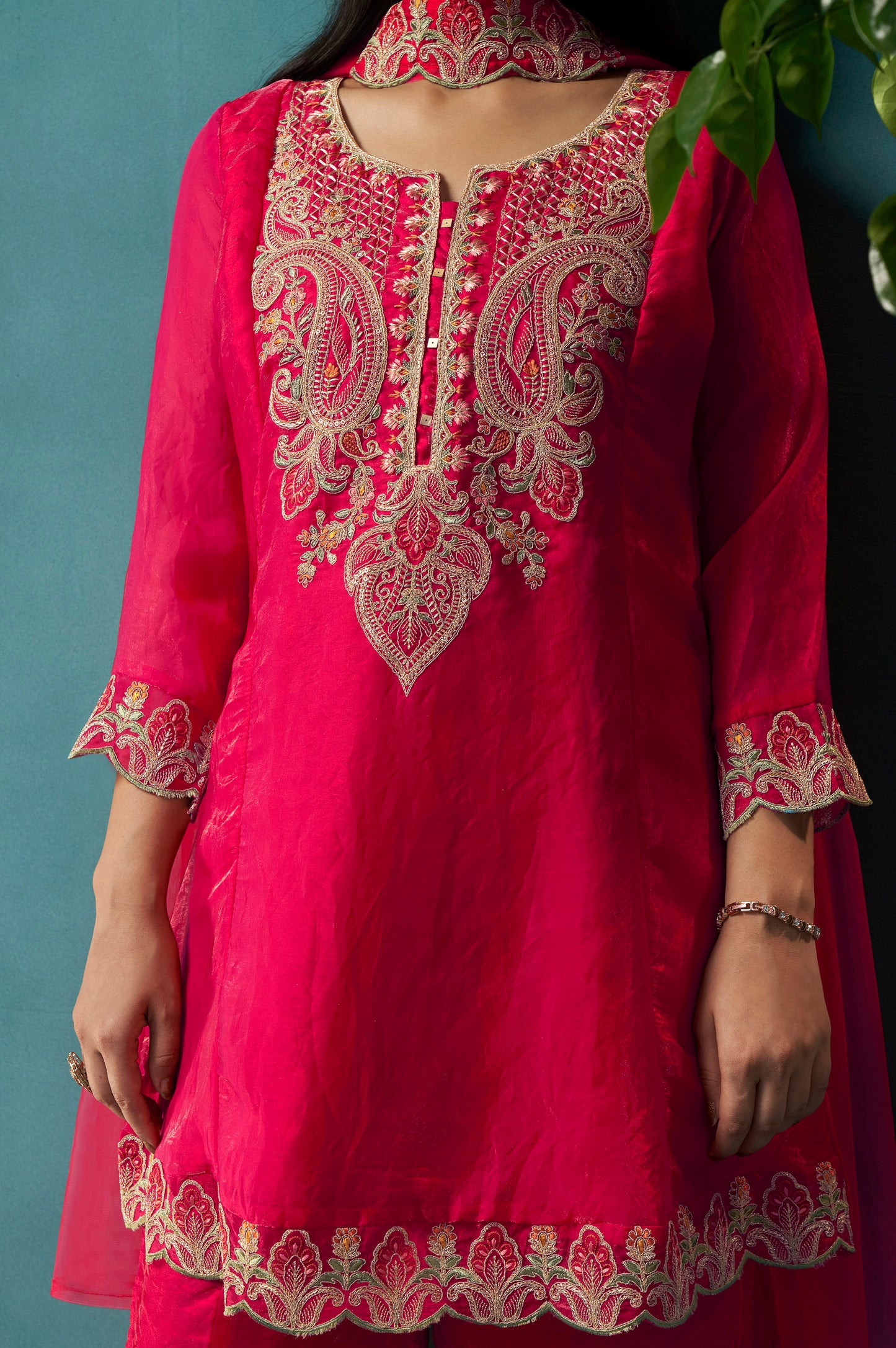 Red Silk Blend Embroidered Straight Kurta Set with Choker Net Dupatta