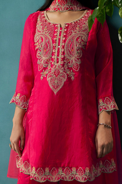 Red Silk Blend Embroidered Straight Kurta Set with Choker Net Dupatta