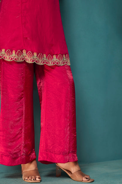 Red Silk Blend Embroidered Straight Kurta Set with Choker Net Dupatta