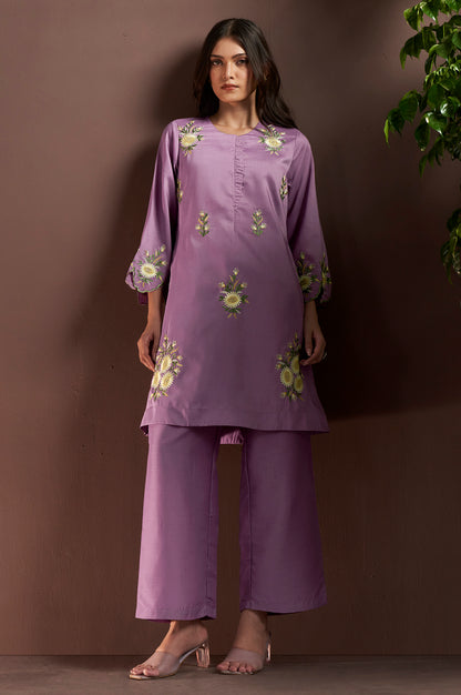 Women's Lilac Embroidered Roman Silk Co-Ord Set