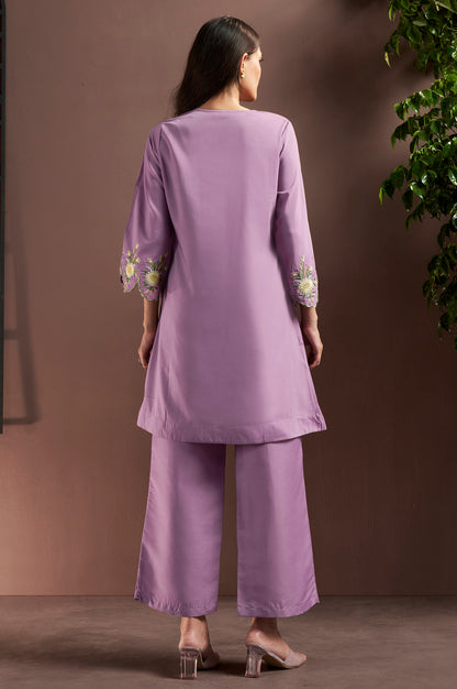 Women's Lilac Embroidered Roman Silk Co-Ord Set