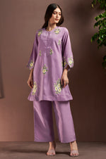Women's Lilac Embroidered Roman Silk Co-Ord Set