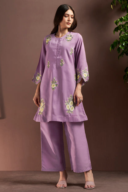 Women's Lilac Embroidered Roman Silk Co-Ord Set