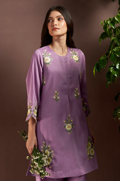 Women's Lilac Embroidered Roman Silk Co-Ord Set