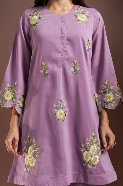 Women's Lilac Embroidered Roman Silk Co-Ord Set