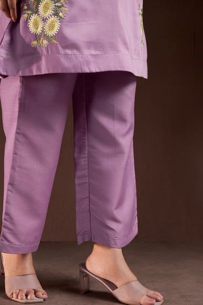 Women's Lilac Embroidered Roman Silk Co-Ord Set