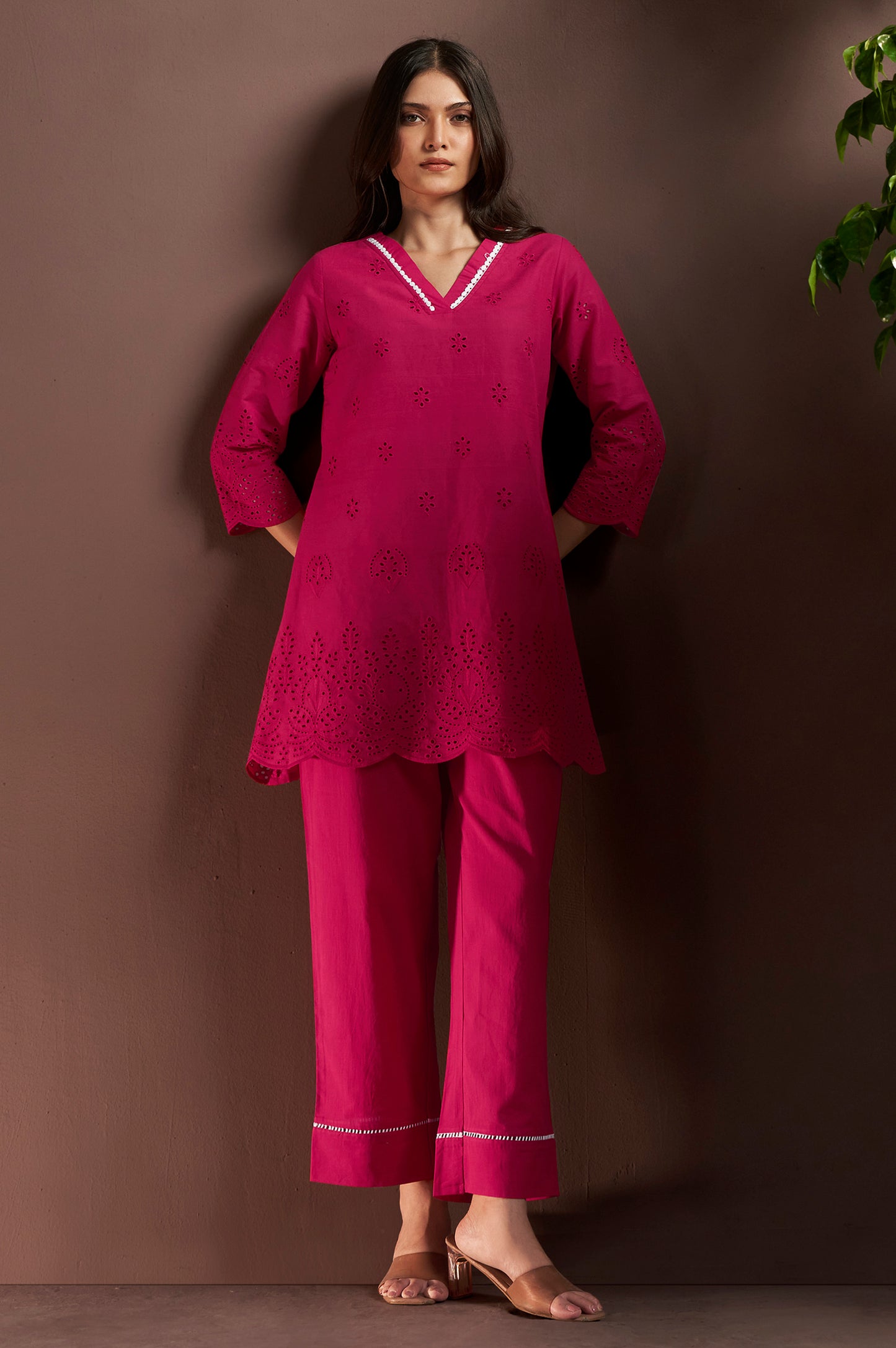 Women’s Dark Pink Pure Cotton Schiffli Co-Ord Set