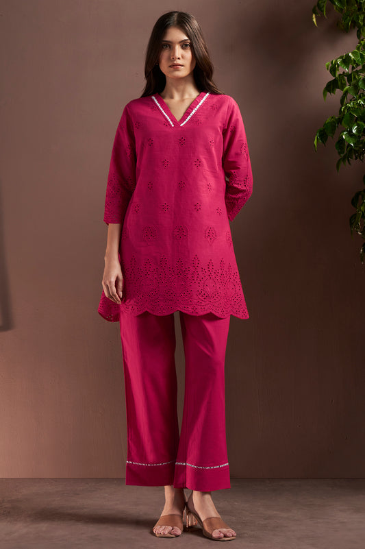 Women’s Dark Pink Pure Cotton Schiffli Co-Ord Set