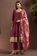 Wine Chinnon Embroidered Straight Kurta Set