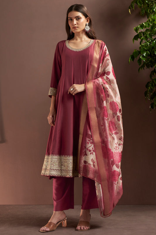 Wine Chinnon Embroidered Straight Kurta Set