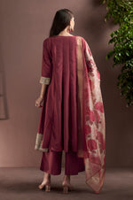 Wine Chinnon Embroidered Straight Kurta Set