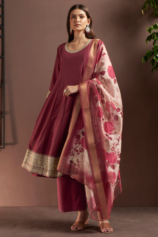 Wine Chinnon Embroidered Straight Kurta Set