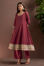 Wine Chinnon Embroidered Straight Kurta Set
