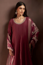 Wine Chinnon Embroidered Straight Kurta Set
