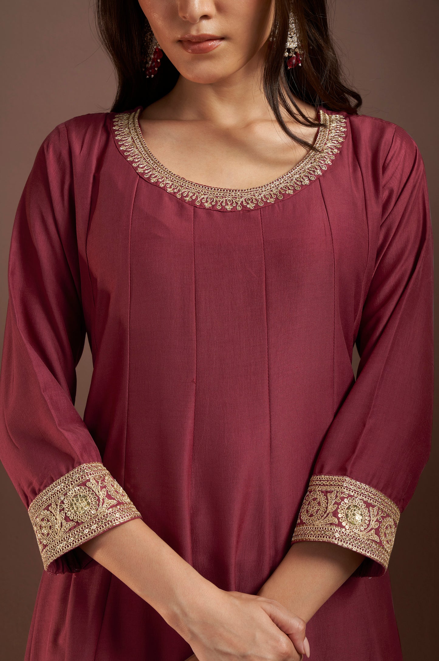 Wine Chinnon Embroidered Straight Kurta Set