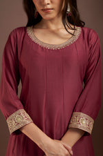 Wine Chinnon Embroidered Straight Kurta Set