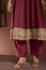 Wine Chinnon Embroidered Straight Kurta Set