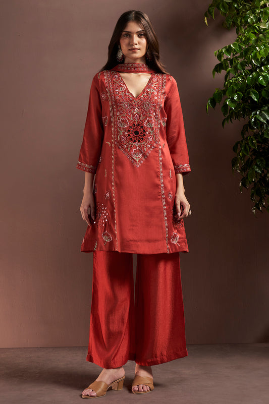 Rust Silk Blend Embroidered and Mirrorworka Straight Kurta Set with Choker Net Dupatta