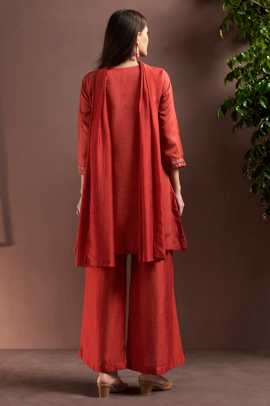 Rust Silk Blend Embroidered and Mirrorworka Straight Kurta Set with Choker Net Dupatta