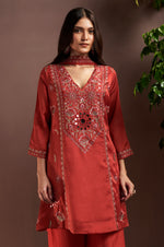 Rust Silk Blend Embroidered and Mirrorworka Straight Kurta Set with Choker Net Dupatta
