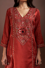 Rust Silk Blend Embroidered and Mirrorworka Straight Kurta Set with Choker Net Dupatta