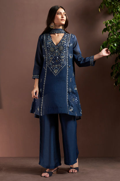 Navy Blue Silk Blend Embroidered and Mirrorworka Straight Kurta Set with Choker Net Dupatta