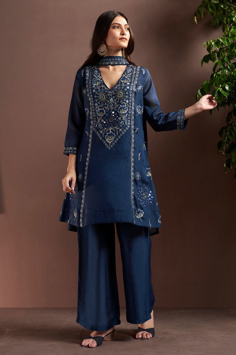 Navy Blue Silk Blend Embroidered and Mirrorworka Straight Kurta Set with Choker Net Dupatta