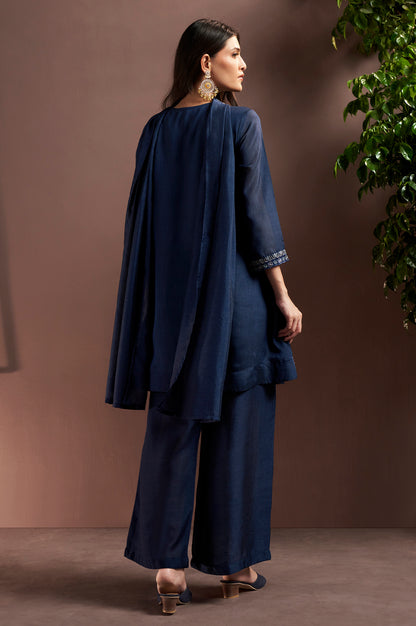 Navy Blue Silk Blend Embroidered and Mirrorworka Straight Kurta Set with Choker Net Dupatta