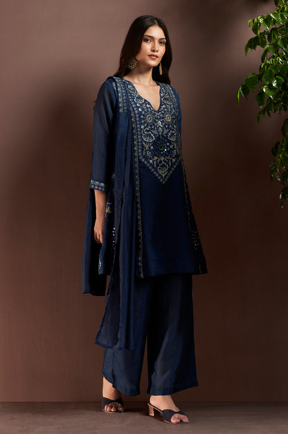 Navy Blue Silk Blend Embroidered and Mirrorworka Straight Kurta Set with Choker Net Dupatta