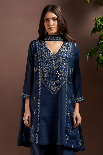 Navy Blue Silk Blend Embroidered and Mirrorworka Straight Kurta Set with Choker Net Dupatta