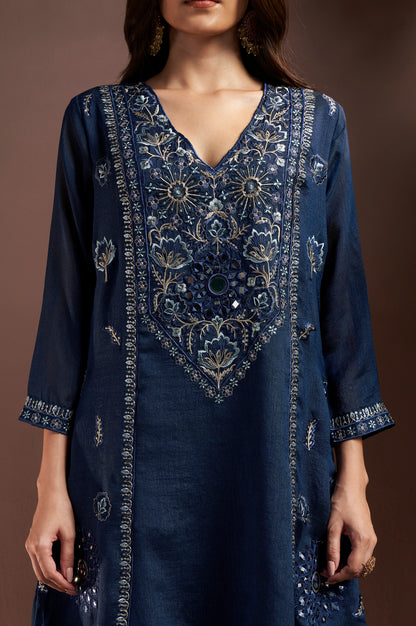 Navy Blue Silk Blend Embroidered and Mirrorworka Straight Kurta Set with Choker Net Dupatta