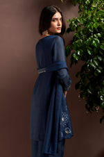 Navy Blue Silk Blend Embroidered and Mirrorworka Straight Kurta Set with Choker Net Dupatta